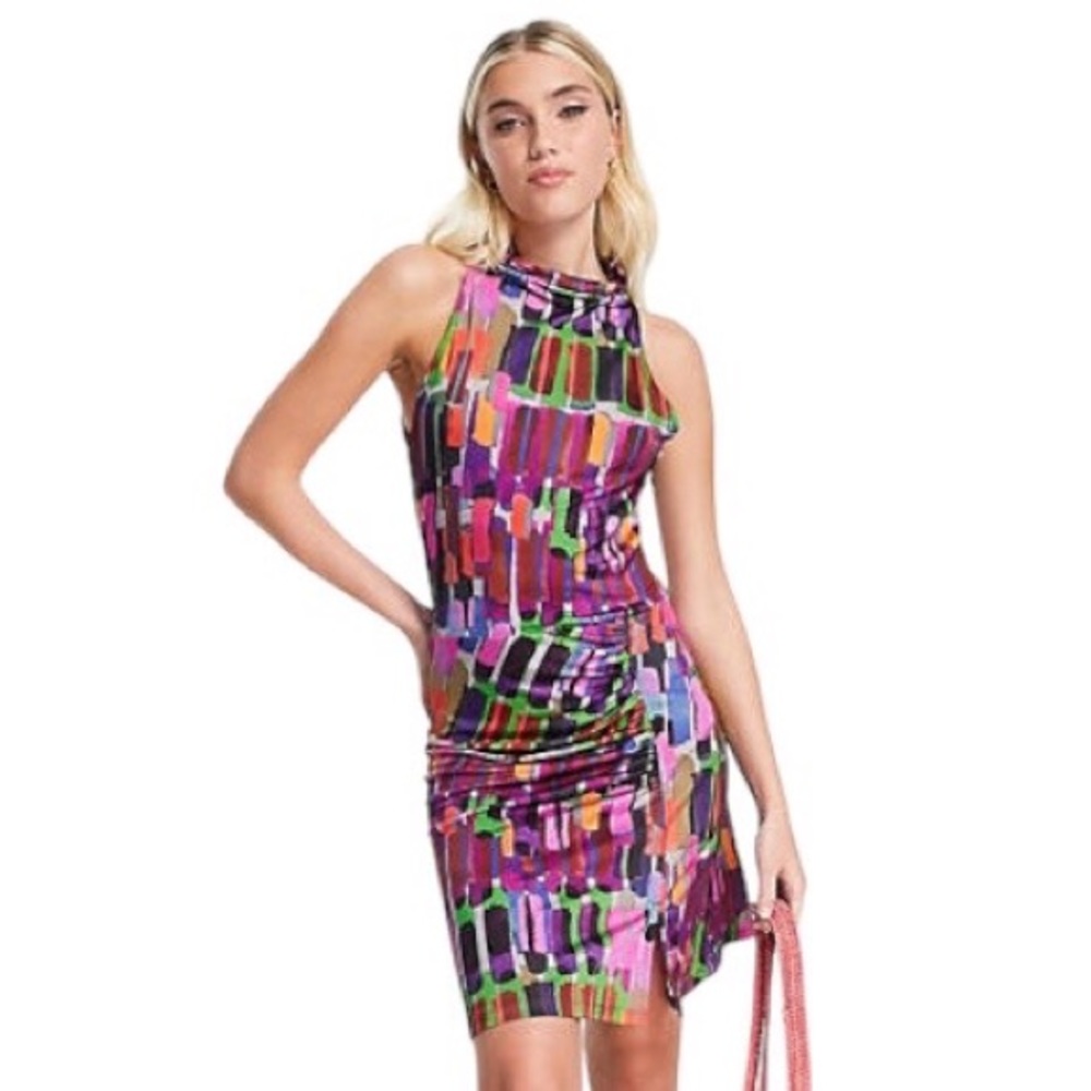 & Other Stories Mesh Jersey Halter Mock Neck Bodycon Thigh Slit Mini Dress XS